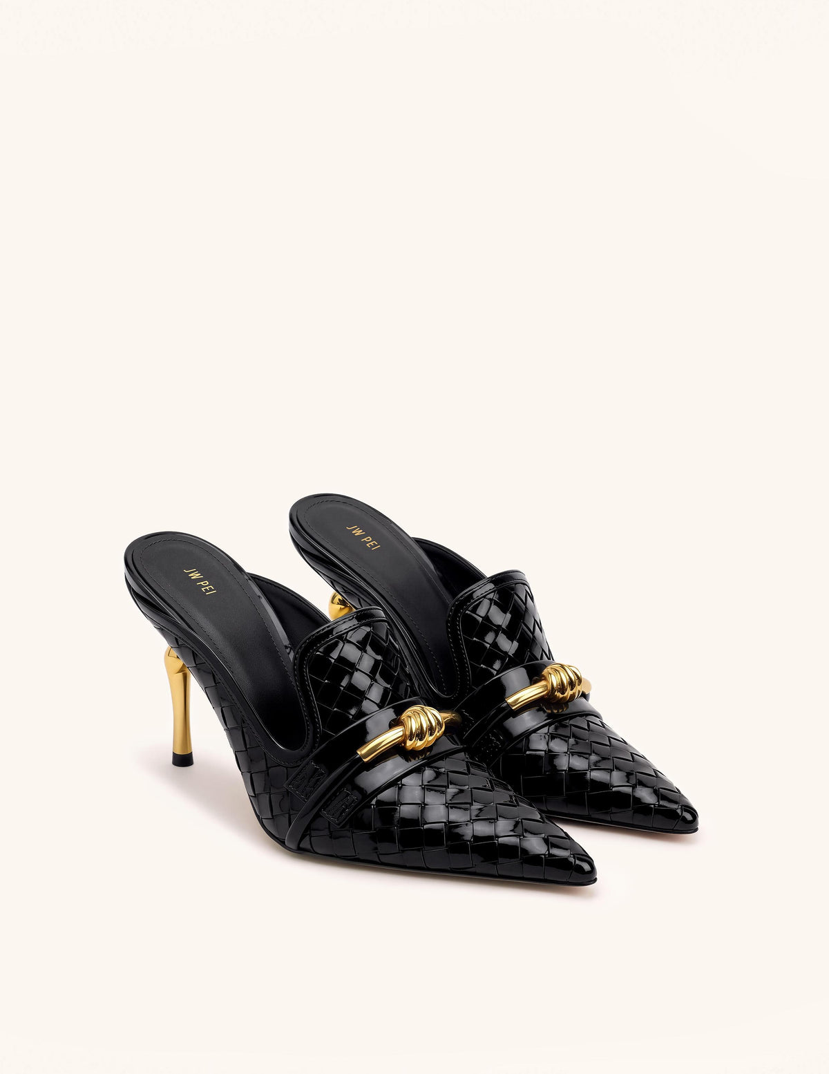 Lena Metal Rope Knot Woven Pointed Toe Mules - Black