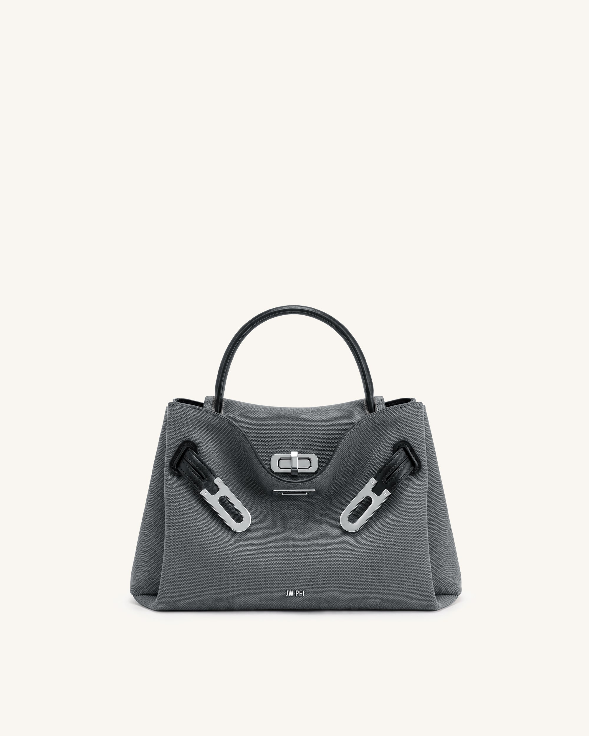 Rhea Small Double Buckle Shoulder Bag - Grey Canvas