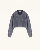 Scattered Pearl Rhinestone Cropped Sweatshirt - Washed Slate