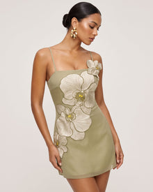 Orchid Appliqué Mini Dress - Light Khaki Grey