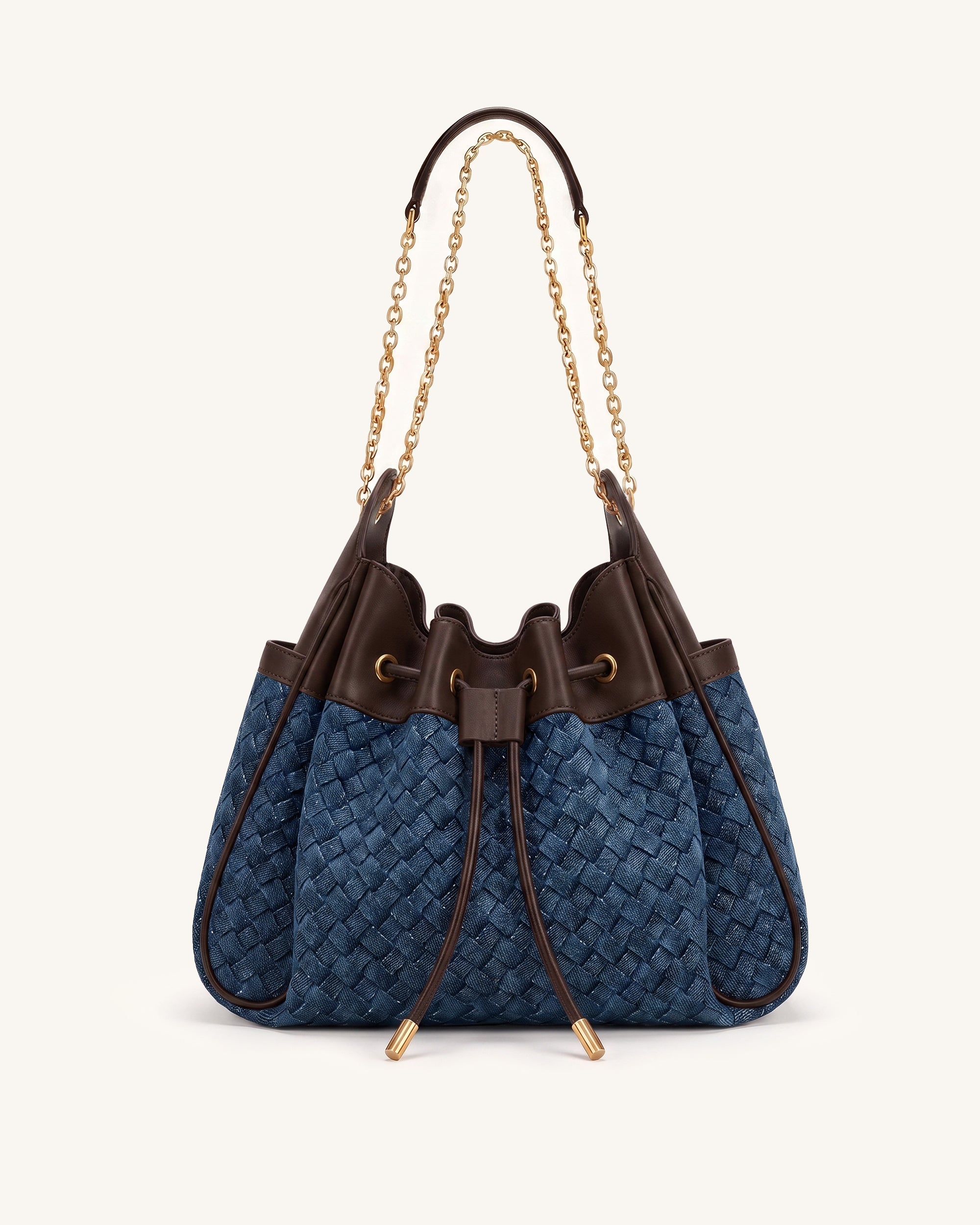 Rowan Weaving Ruched Drawstring Chain Bucket Bag - Sea Blue Denim