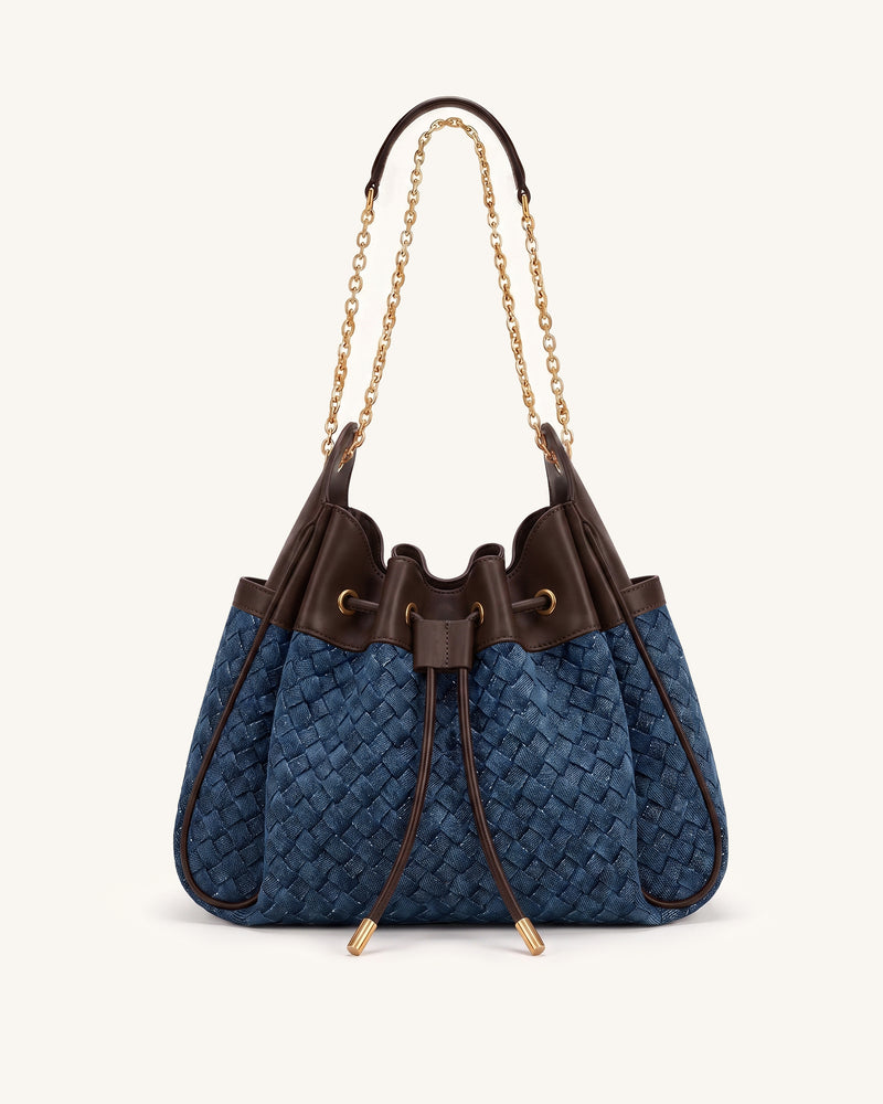 Rowan Weaving Ruched Drawstring Chain Bucket Bag - Sea Blue Denim