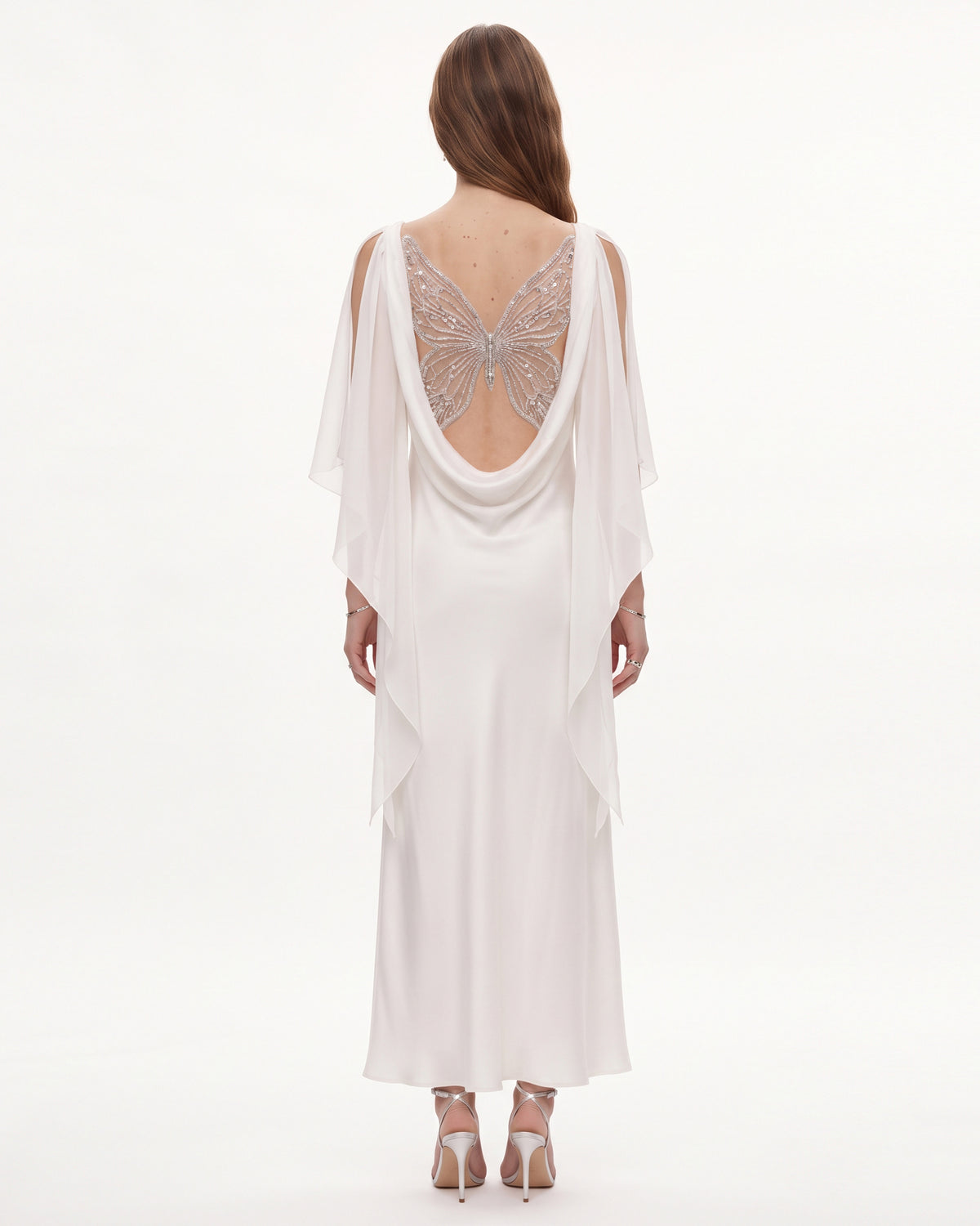 Cowl Back Butterfly Embroidered Slip Gown - White