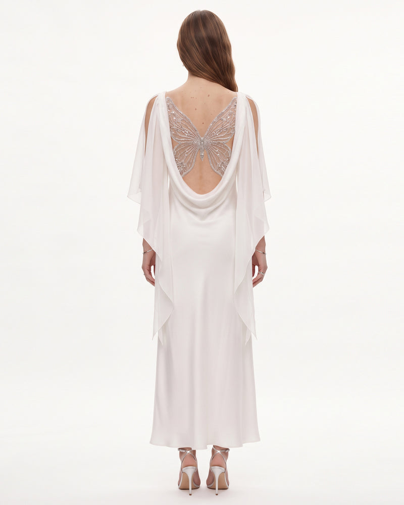 Cowl Back Butterfly Embroidered Slip Gown - White