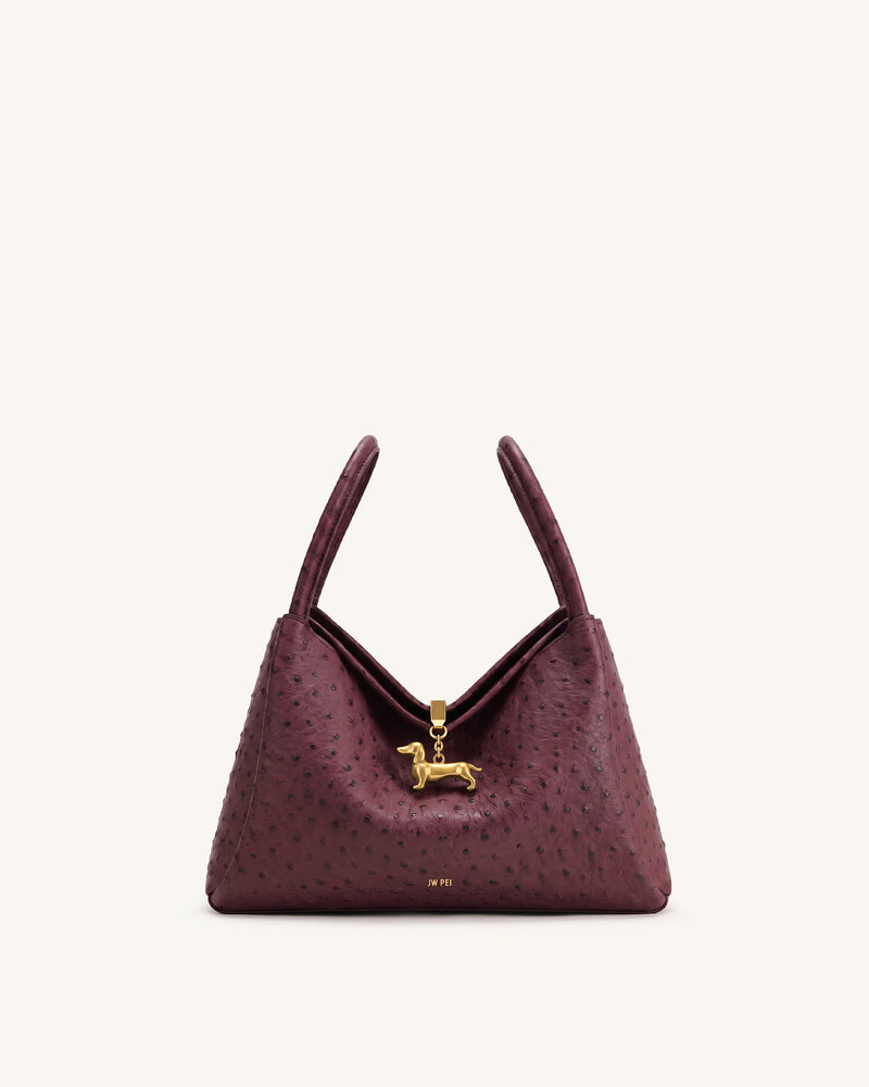 Maelle Faux Ostrich Grain Dachshund Charm Double Handle Bag - Berry Red