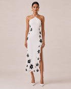 Flower Embroidered Halter Slit Midi Dress - White