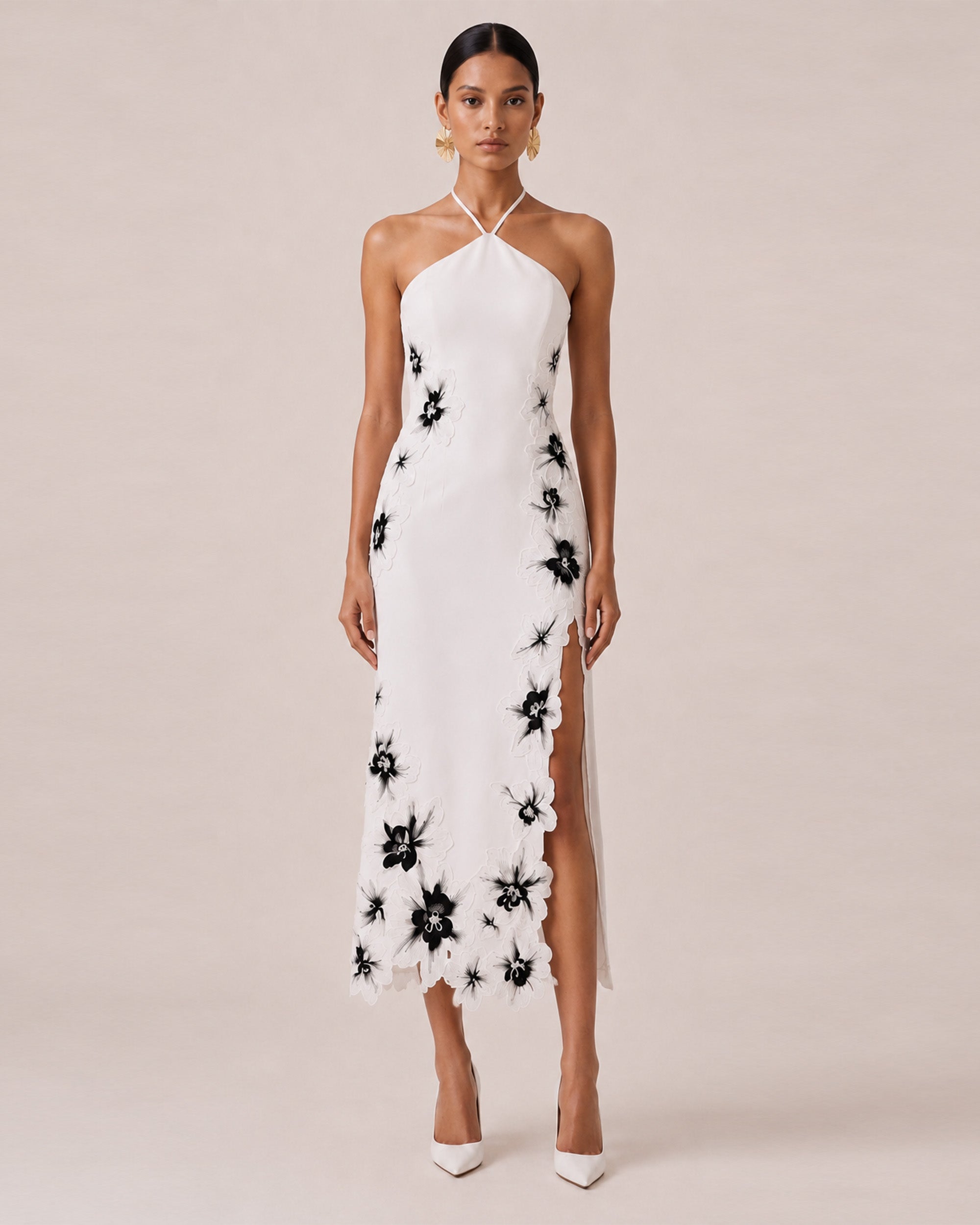 Flower Embroidered Halter Slit Midi Dress - White