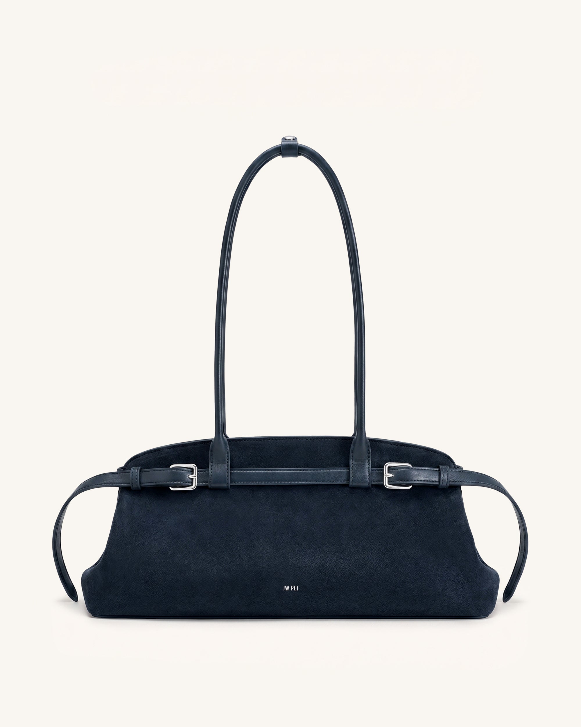 Arden Faux Suede Belt Detail East-West Shoulder Bag - Navy Blue