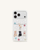 Pearl-Embellished Playful Cats Phone Case - White