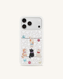 Pearl-Embellished Playful Cats Phone Case - White