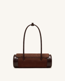 Maelis Faux Suede Croc-Trim Barrel Bag - Dark Brown