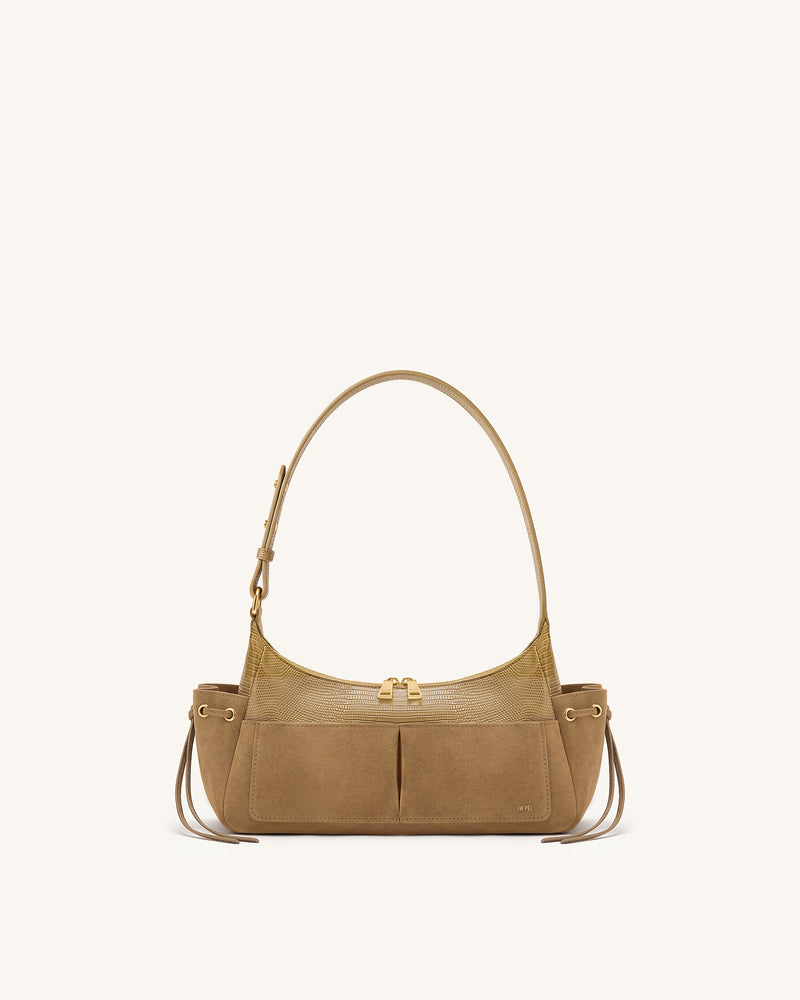 Corinne Lizard-Embossed Faux Suede Shoulder Bag - Khaki
