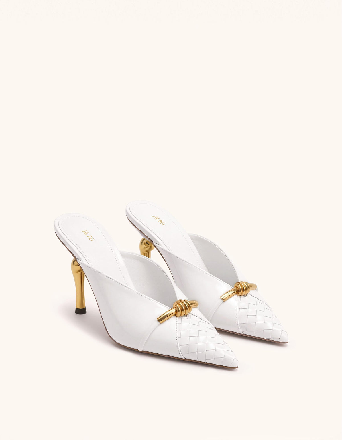 Lena Metal Rope Knot Woven Panel Mules - White