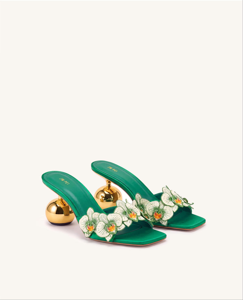 Celia Orchid Embroidered Sphere Heel Mules - Green