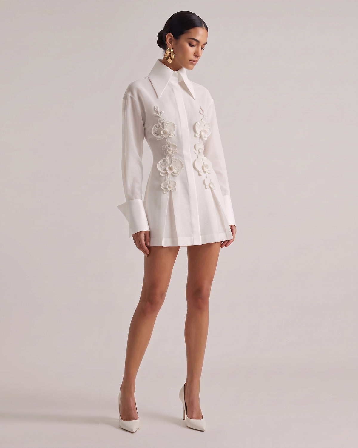 Orchid-Embellished High-Neck Button-Front Mini Shirt Dress - White