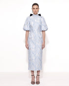 Floral Jacquard Bow-Back Puff-Sleeve Midi Dress - Light Blue