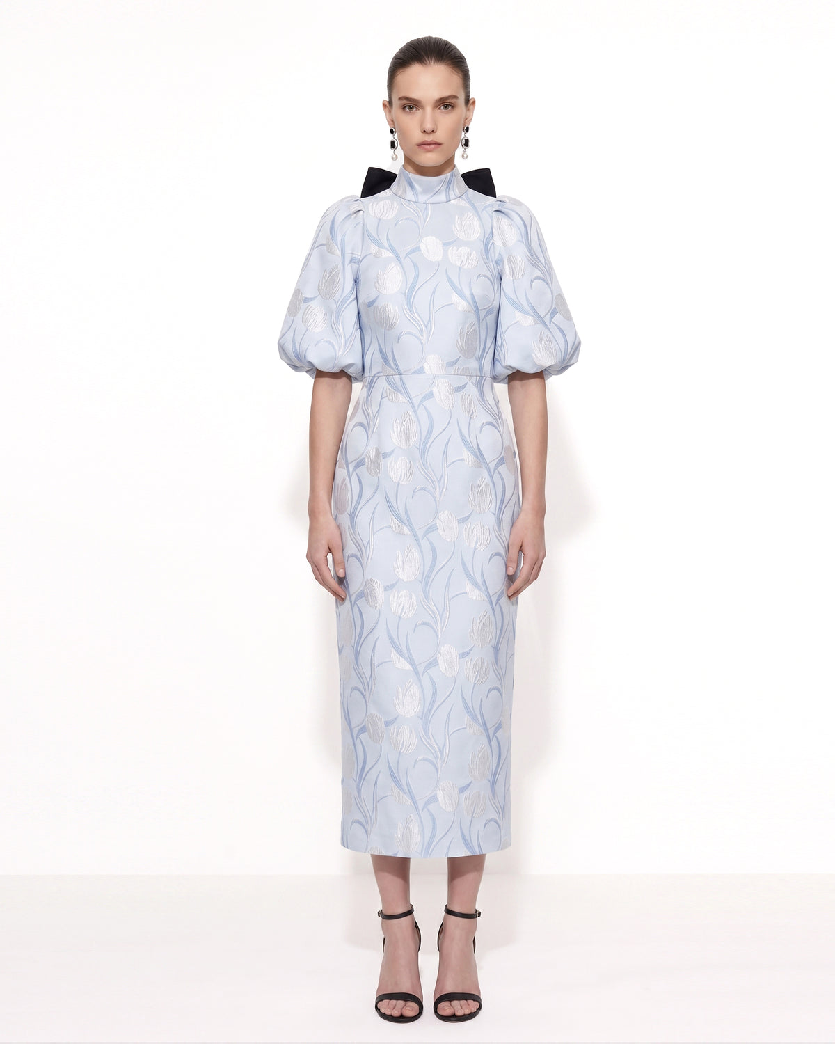 Floral Jacquard Bow-Back Puff-Sleeve Midi Dress - Light Blue