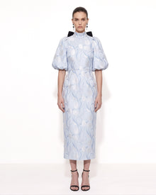 Floral Jacquard Bow-Back Puff-Sleeve Midi Dress - Light Blue