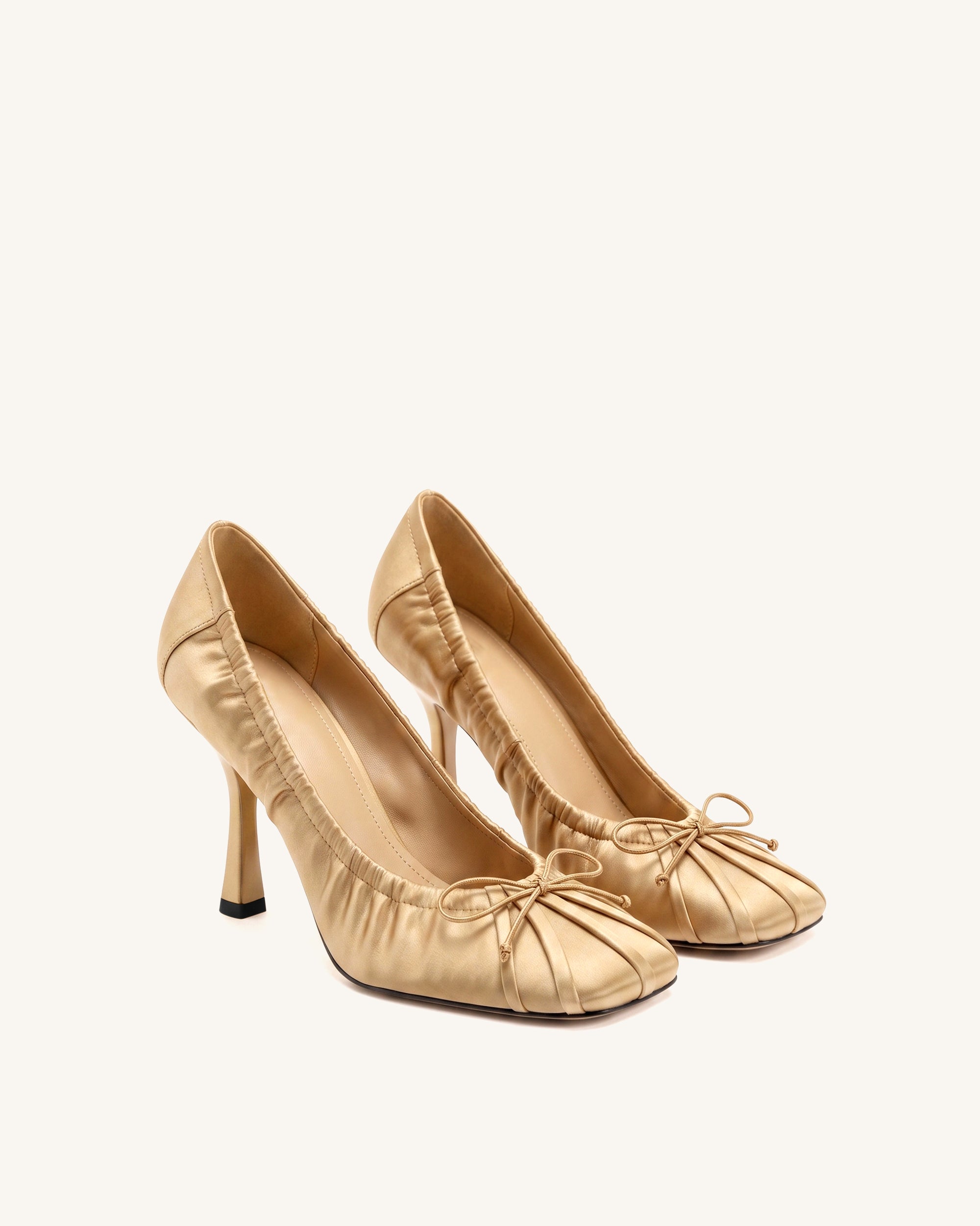 Solenne Satin Bow Ruched Pumps - Champagne