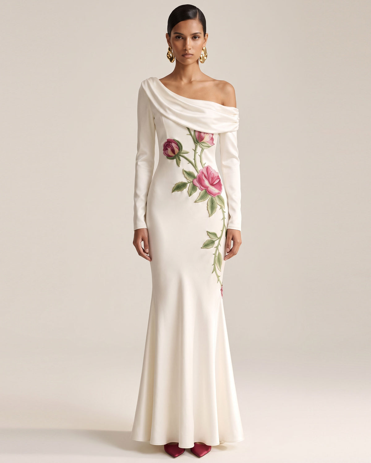 Rose Embroidered Long-Sleeve Foldover Maxi Dress - Pure White