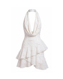 Orchid Beaded Embroidered Draped Halter Tiered Mini Dress - White