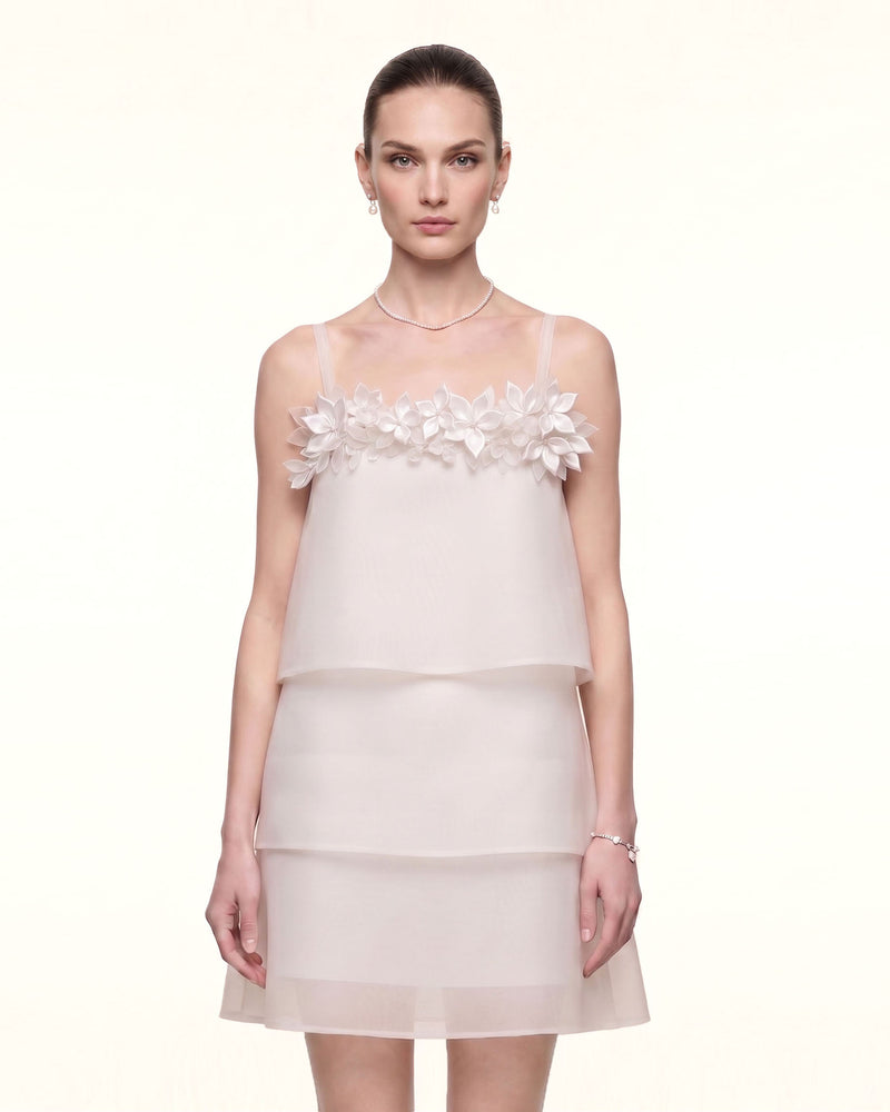 3D Floral Appliqué Tiered Mini Dress - Ivory