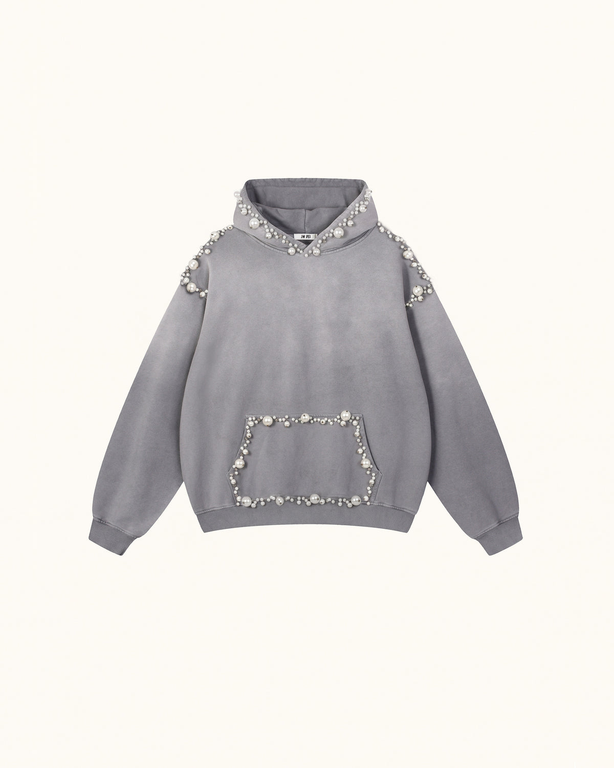The Opulent Off-White Pearl Trim Hoodie - Washed Grey
