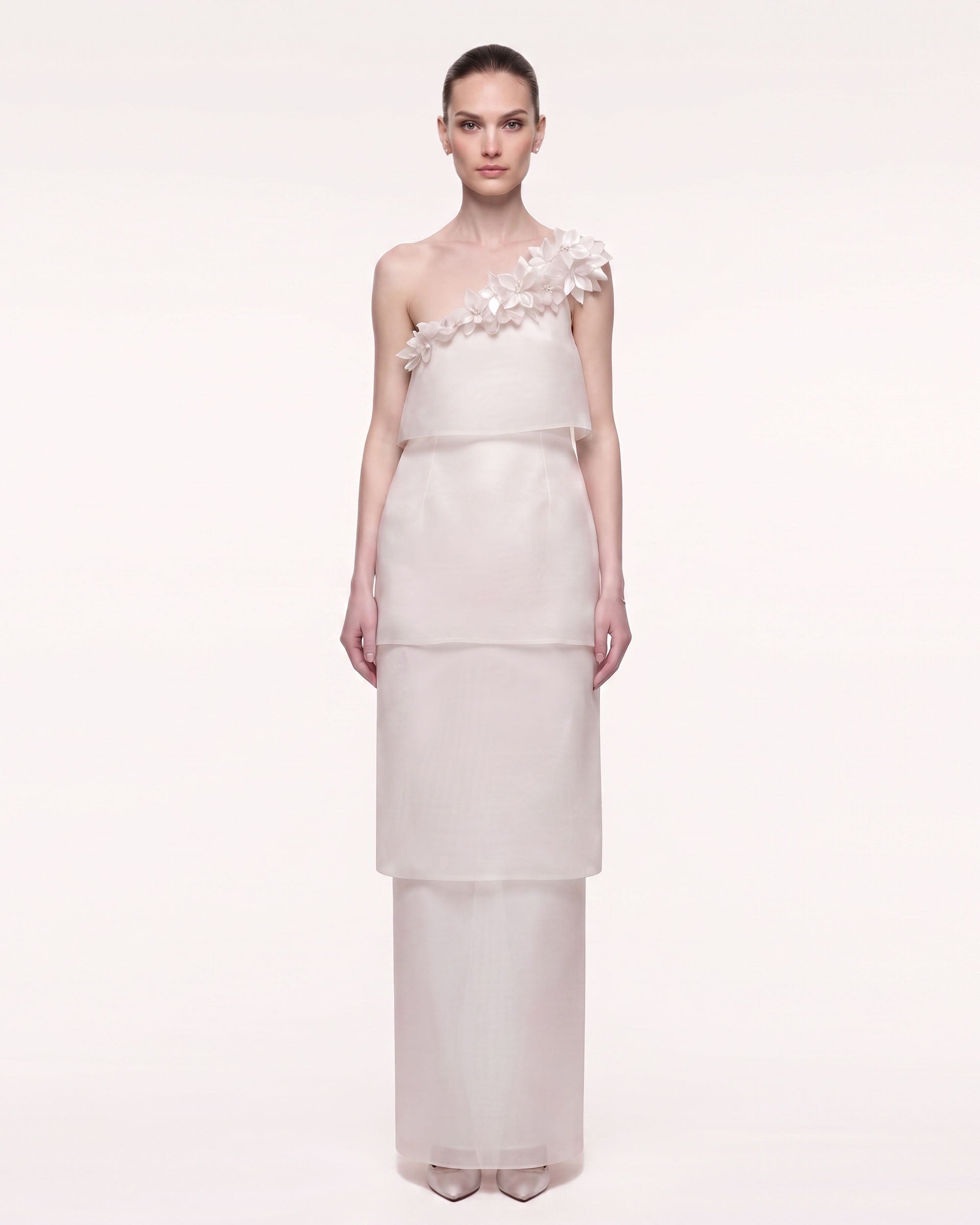3D Floral One-Shoulder Tiered Maxi Dress - Ivory
