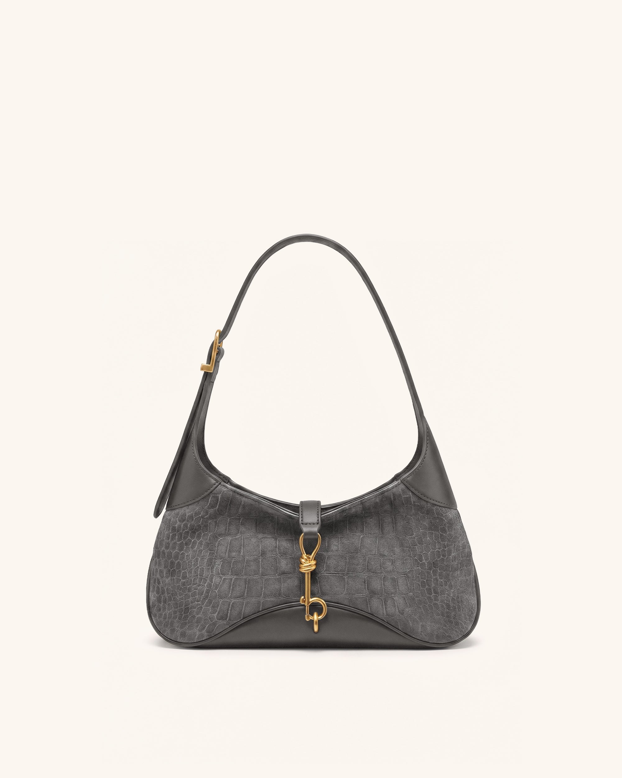 Juliette Faux Suede Key Charm East-West Shoulder Bag - Grey Croc