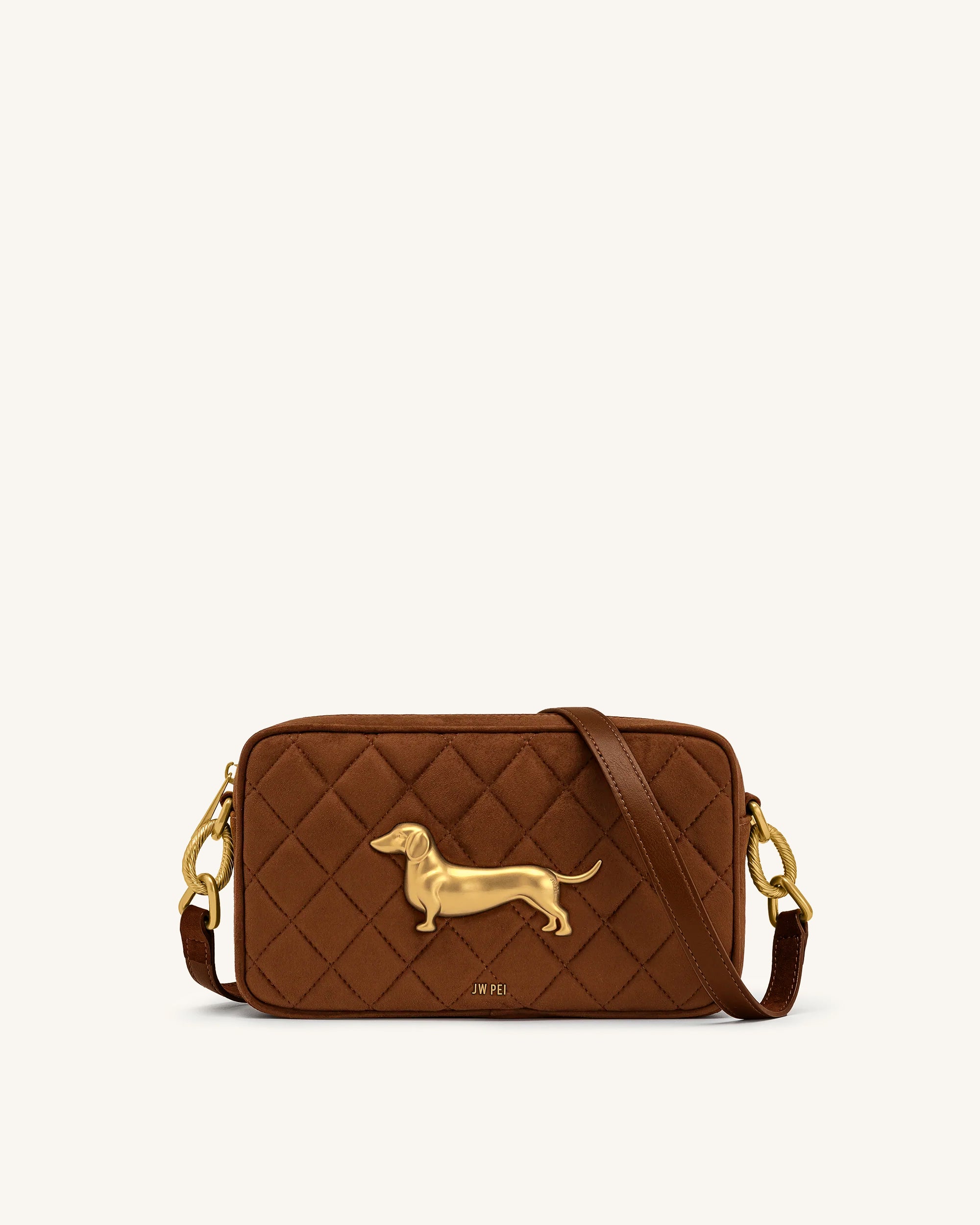 Riley Faux Suede Dachshund Quilted Shoulder Bag - Caramel Brown