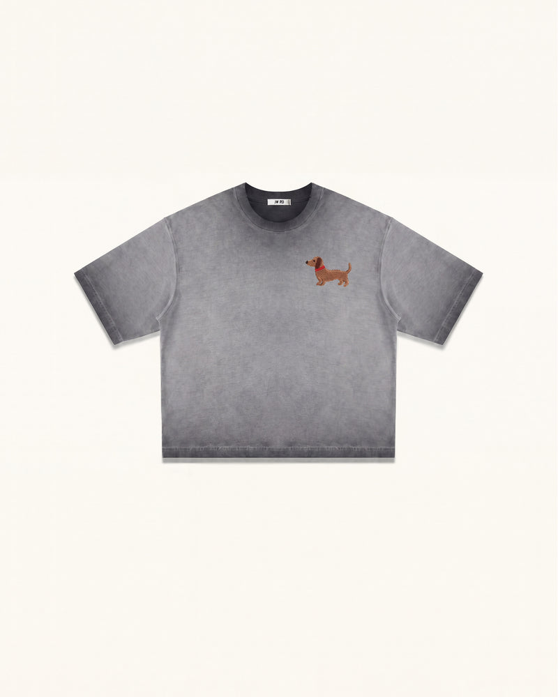 Embroidered Dachshund Boxy Tee - Washed Grey