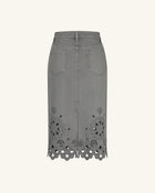 The Delicate Embroidered Cutout Denim Midi Skirt - Washed Sage