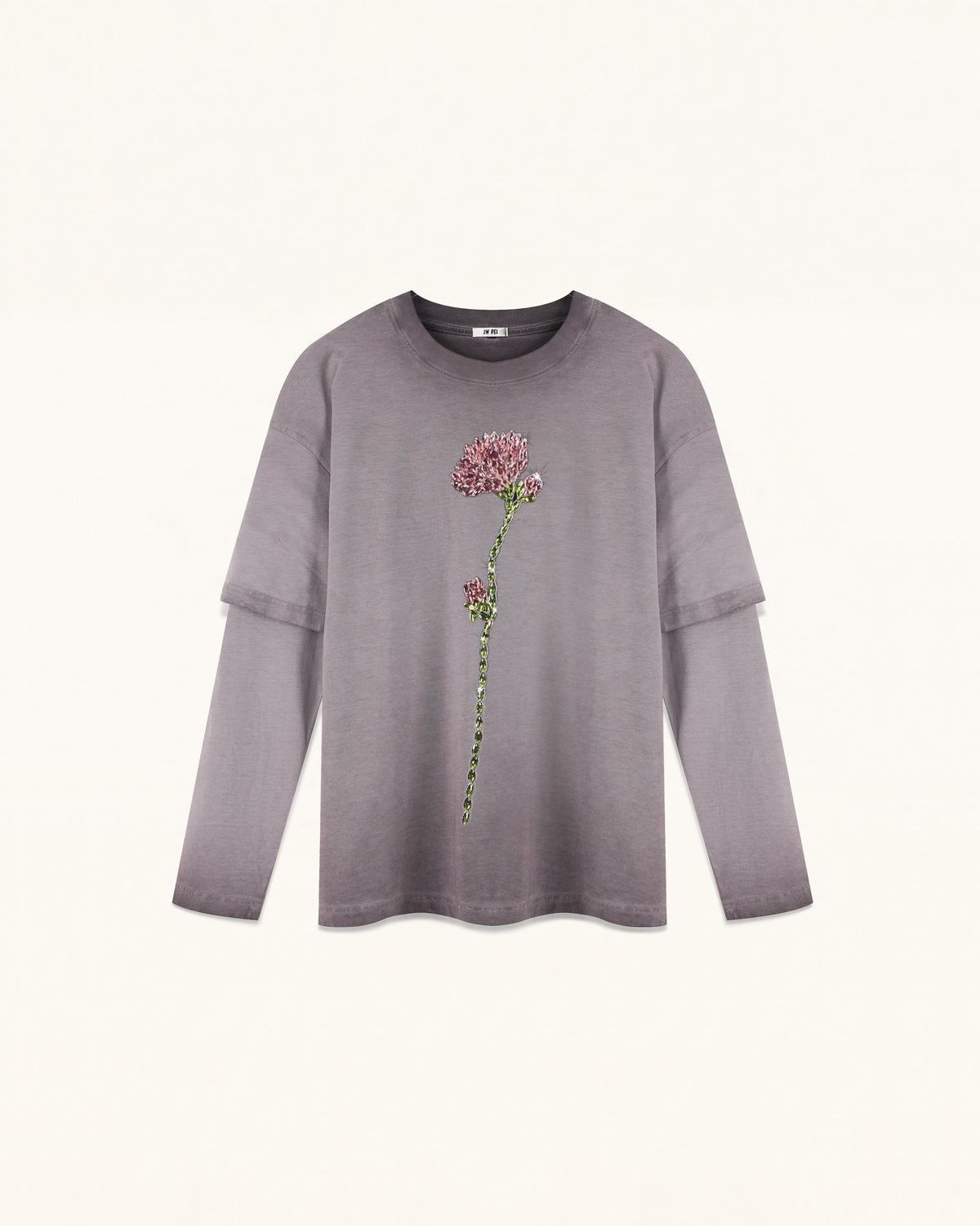 Rhinestone Rose Layered Sleeve Washed Tee - Faded Mauve