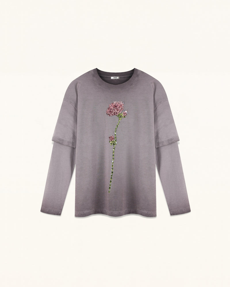 Rhinestone Rose Layered Sleeve Washed Tee - Faded Mauve