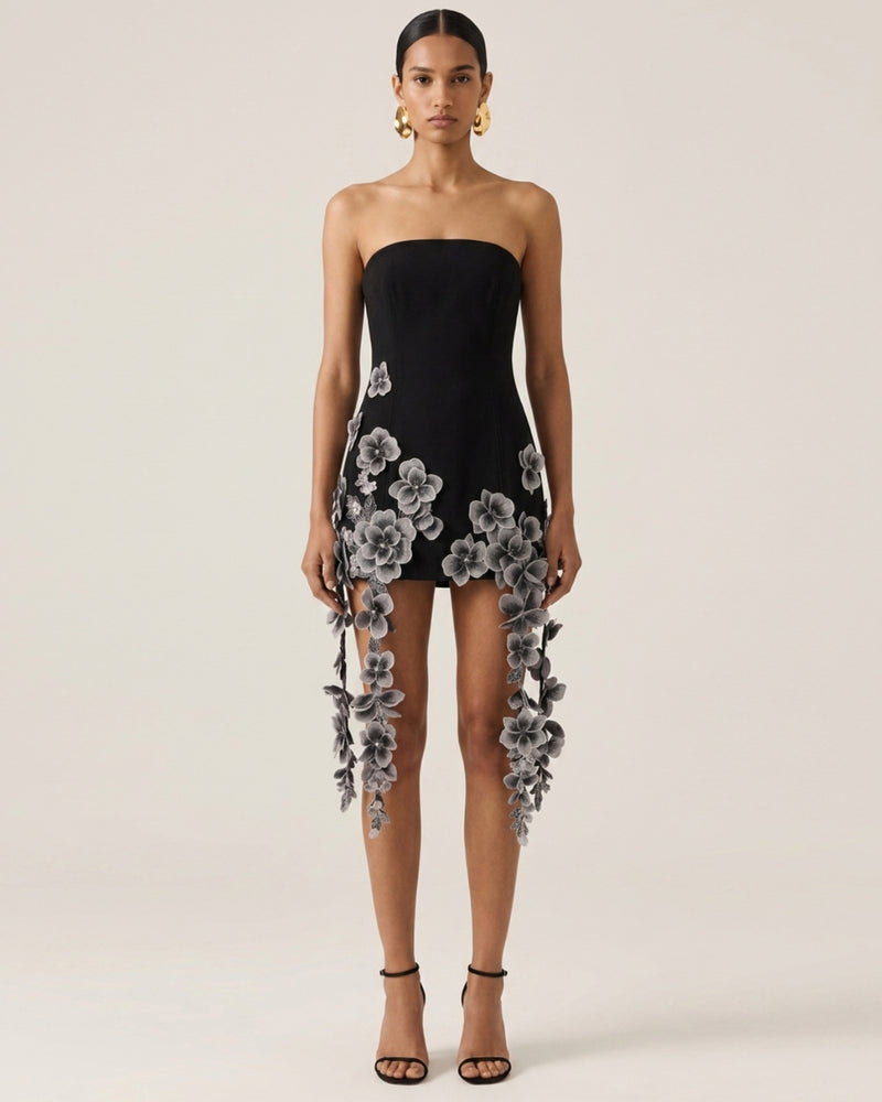 Floral Embroidered Cascade Mini Dress - Black