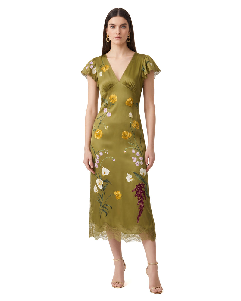 V-Neck Flutter Sleeve Floral Satin Dress - Green