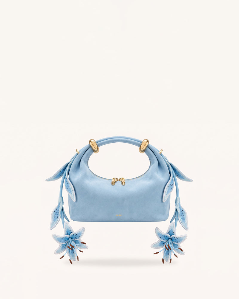 Ellie Faux Suede Metal Ring 3D Lily Embellished Top Handle Bag - Light Blue