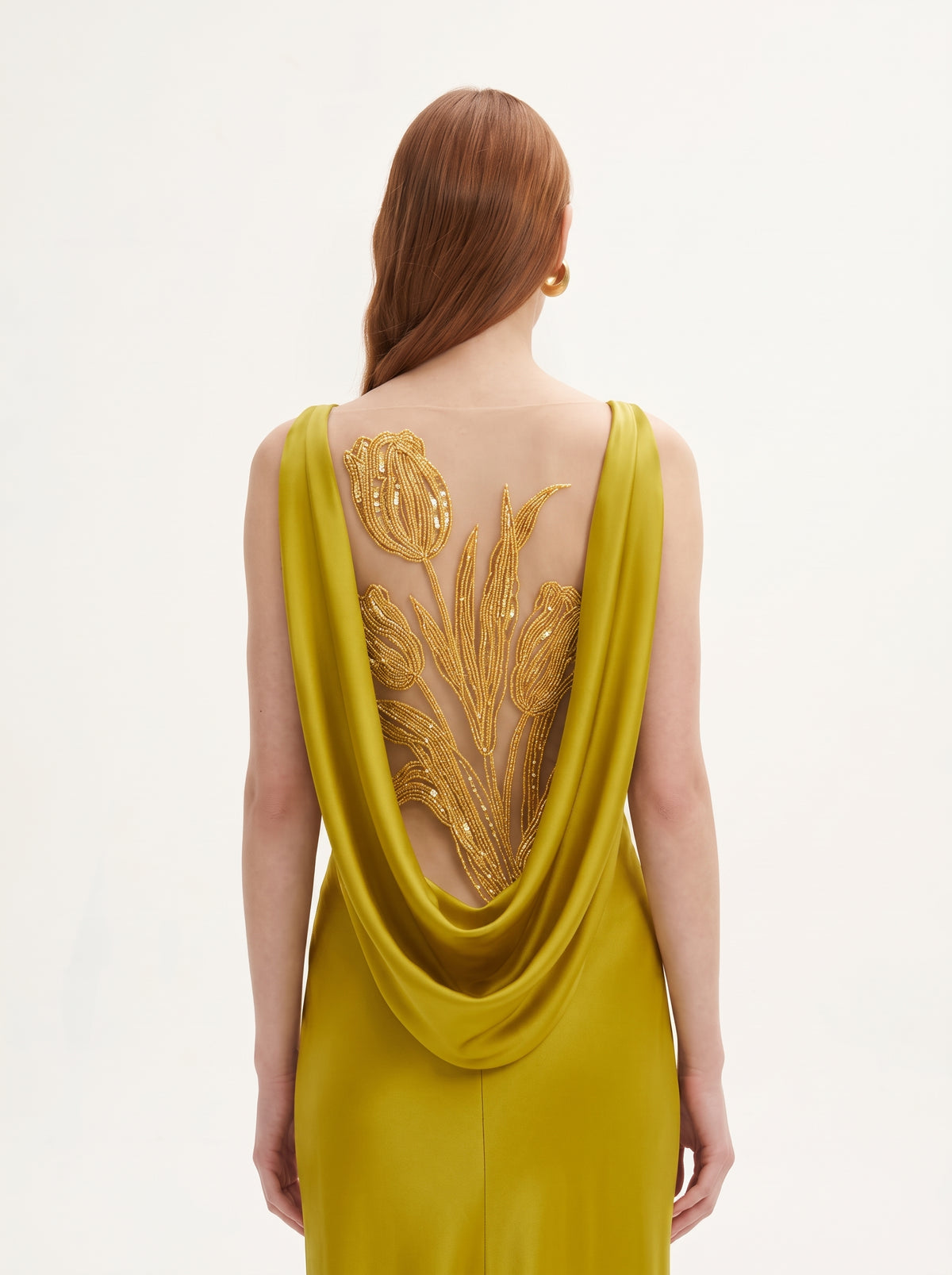 Tulip Appliqué Cowl-Back Satin Column Maxi Dress - Liquid Gold