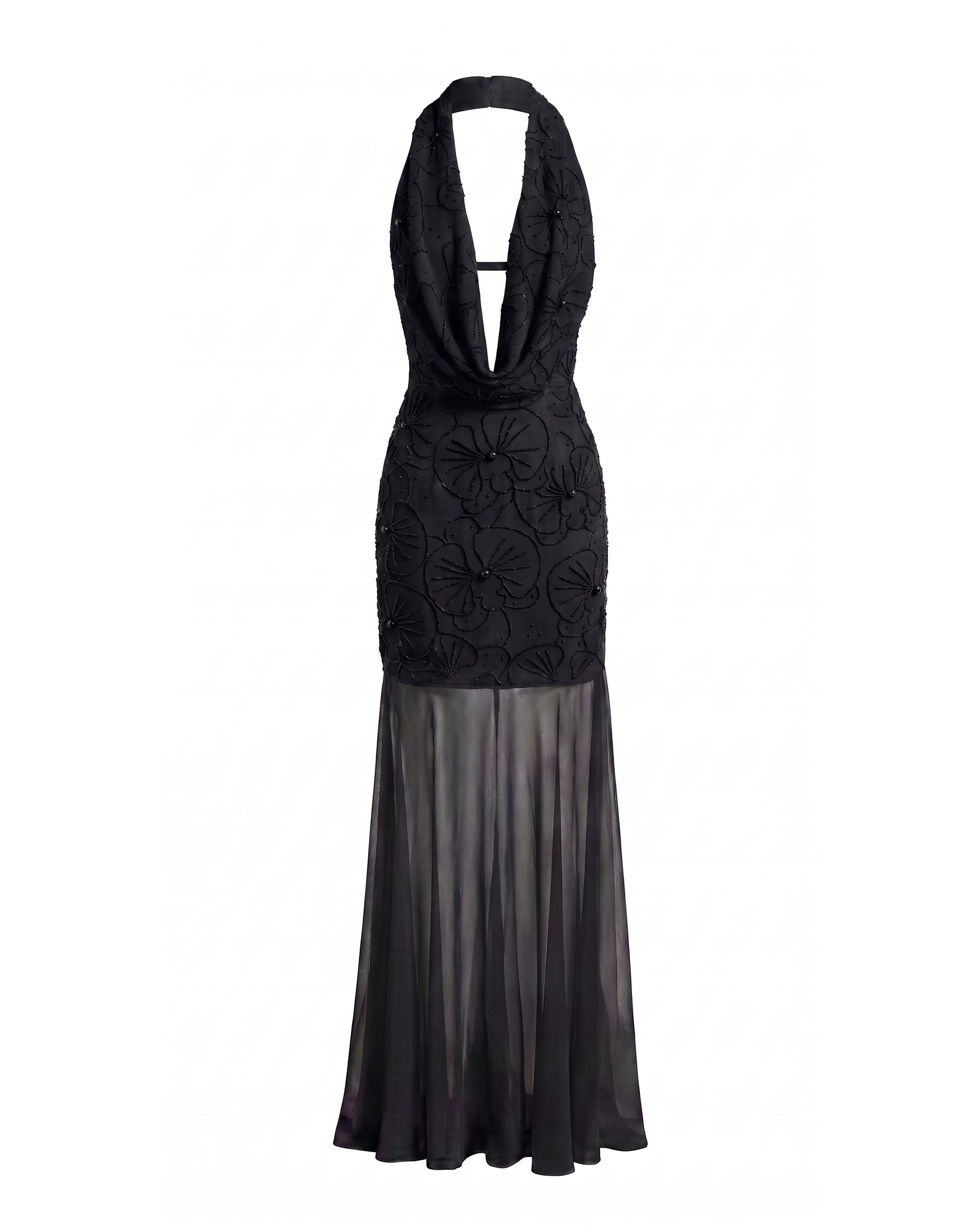 Orchid Beaded Embroidered Sheer Hem Halter Maxi Dress - Black