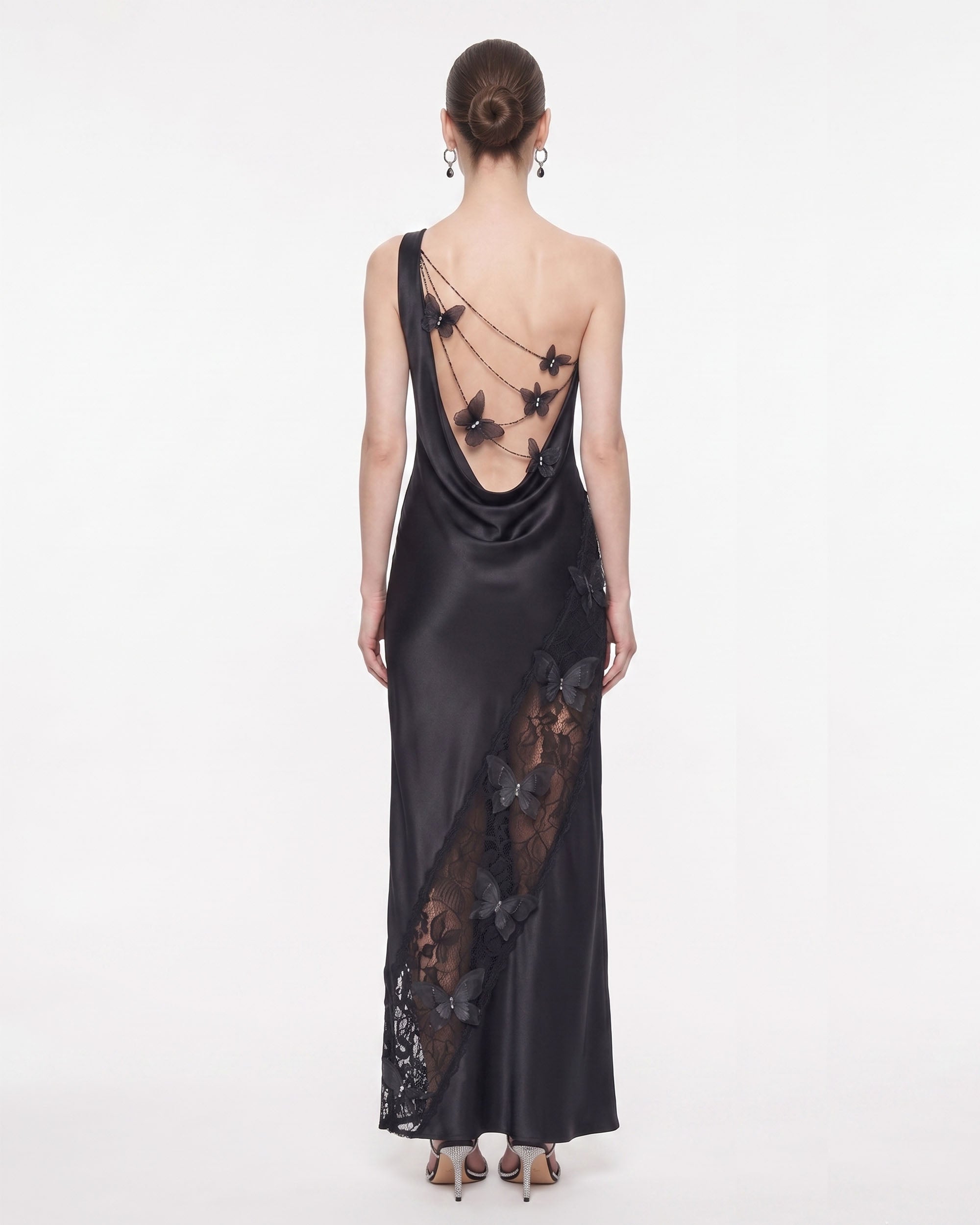 Lace Panel One-Shoulder Satin Maxi Dress - Black