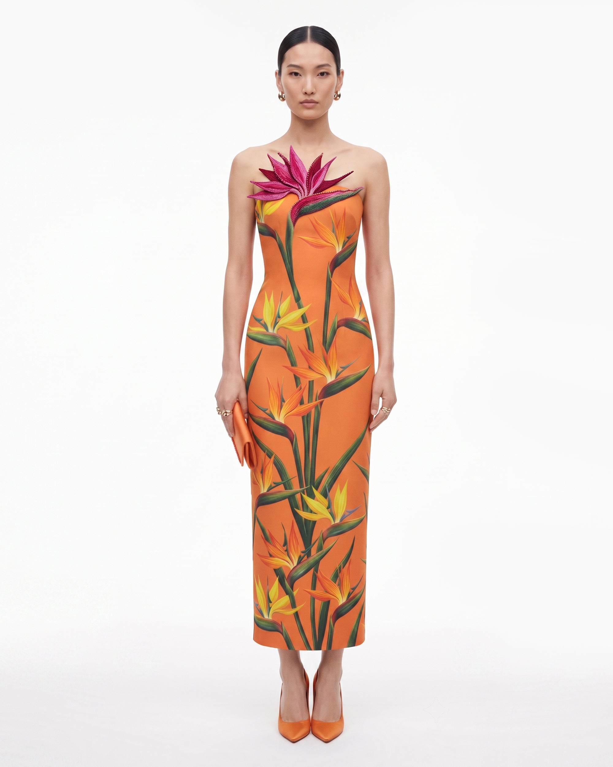 Bird of Paradise Appliqué Strapless Column Midi Dress - Orange
