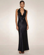 Flower Embroidered Cowl Halter Maxi Dress - Black