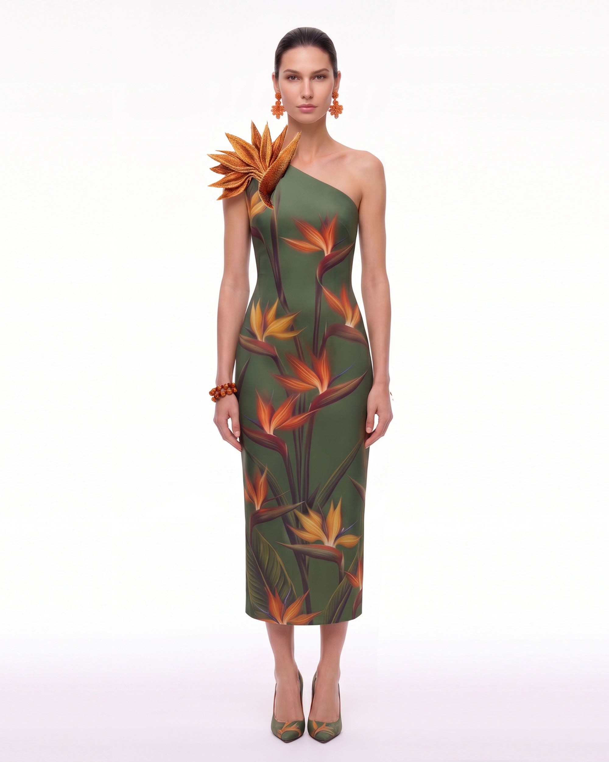 Bird of Paradise Appliqué One-Shoulder Midi Dress - Olive