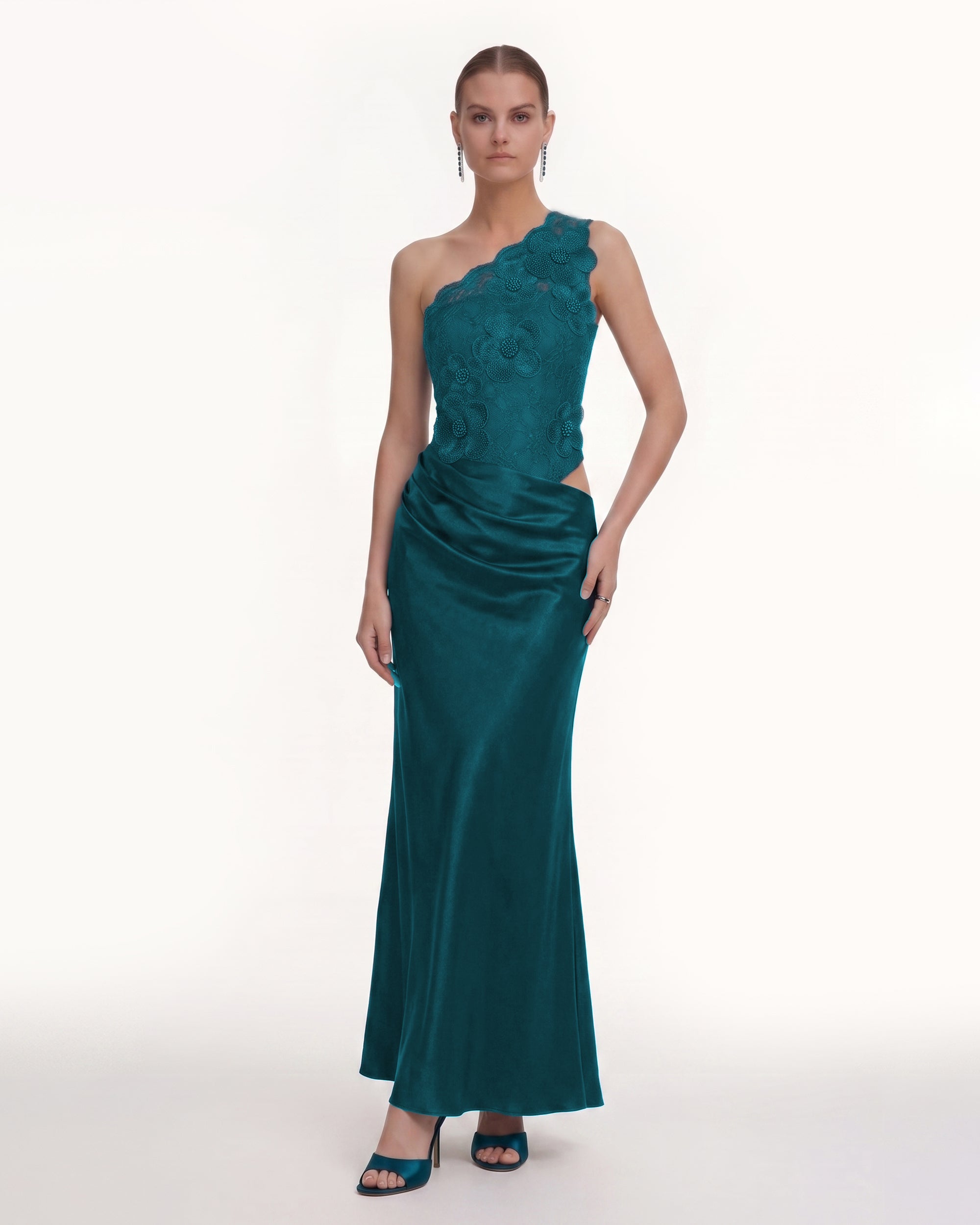 Floral One Shoulder Satin Dress - Teal