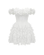 Flower Embroidered Off-Shoulder Corset Mini Dress - White
