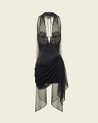 Flower Embroidered Halter Draped Mini Dress - Black