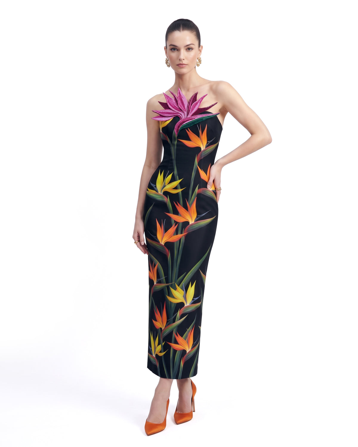 Bird of Paradise Appliqué Strapless Column Midi Dress - Black