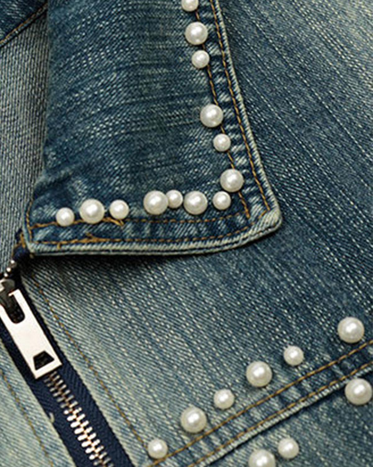 Pearl Embellished Denim Jacket - Blue