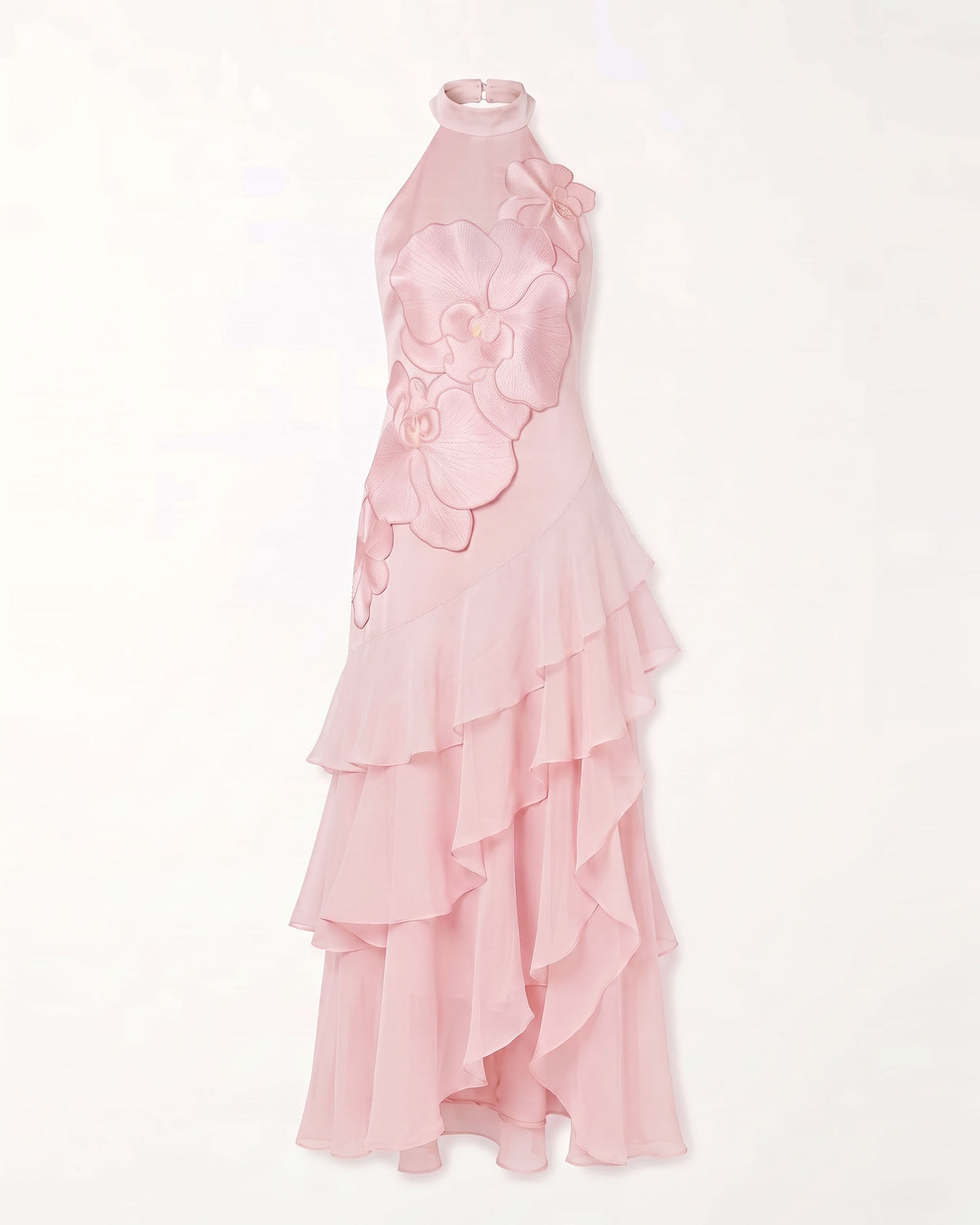 Orchid Embroidered Halter Asymmetric Layered Maxi Dress - Pink