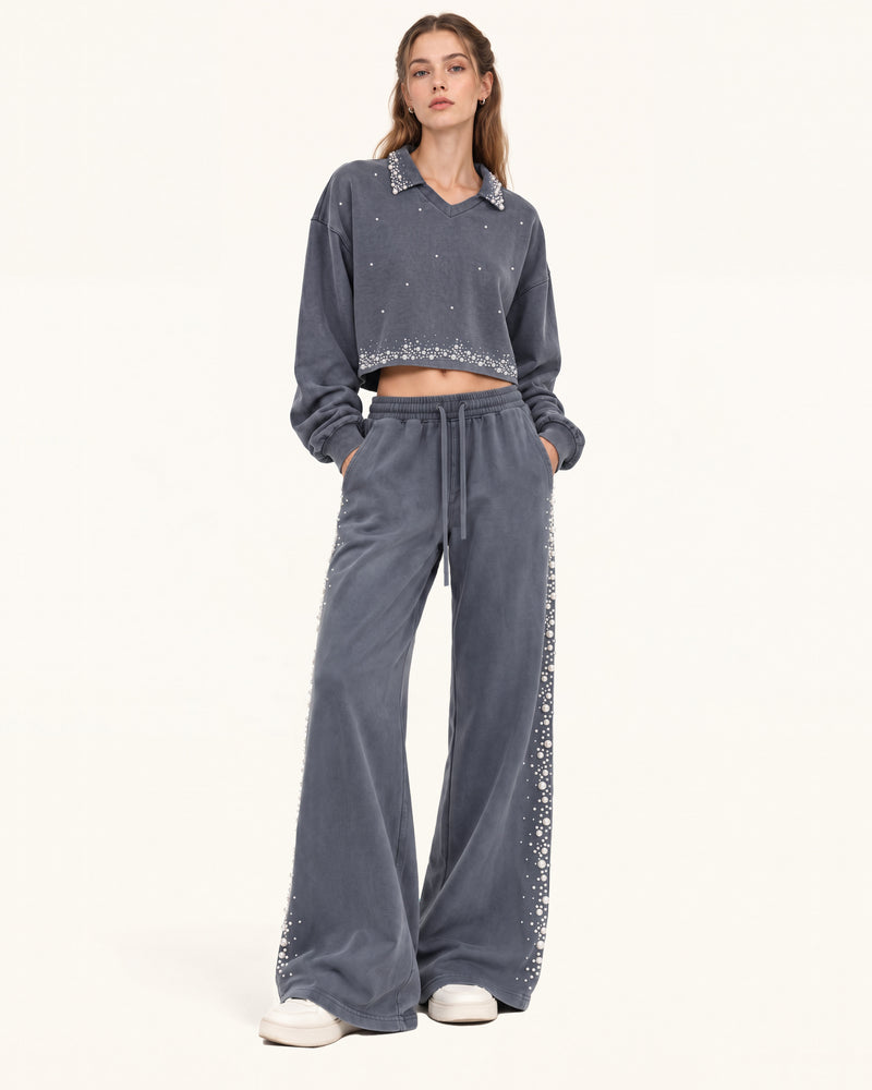 Gradient Pearl Trim Drawstring Sweatpants - Washed Slate